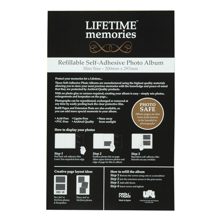 NCL Refillable Self-Adhesive Photo Album 'Slim Size' Black (200mm x 297mm / A4 Size)
