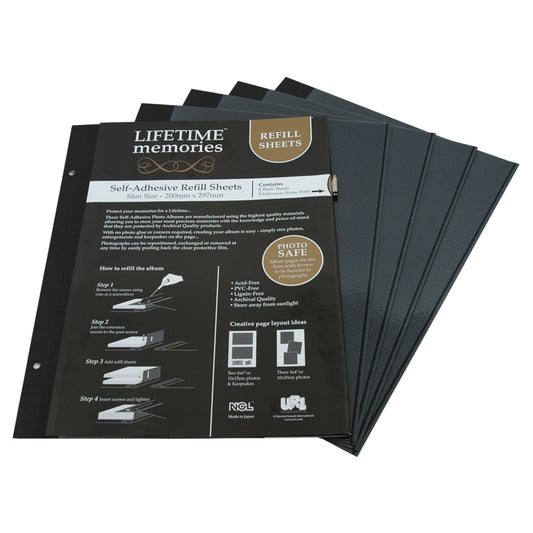NCL Refillable Self-Adhesive Photo Album REFILL SHEETS 'Slim Size' Black (200mm x 297mm / A4 Size)